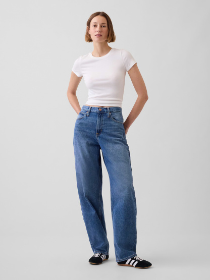 High Rise Barrel Cargo Jeans - Medium wash