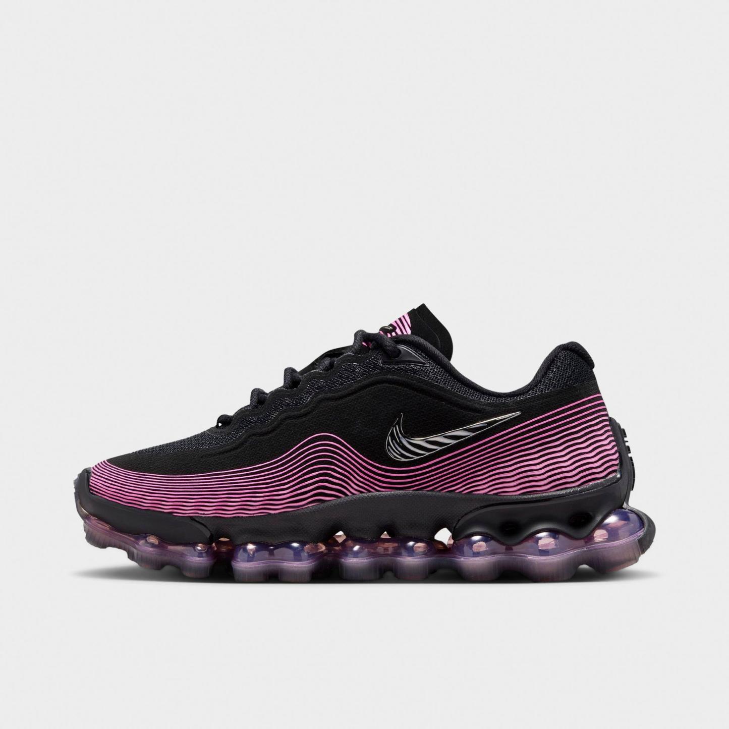 Big Kids' Nithtke Air Liquid Max Casual Shoes - Black/Metallic Silver/Playful Pink - Left shoe facing left. Outside of the shoe.
