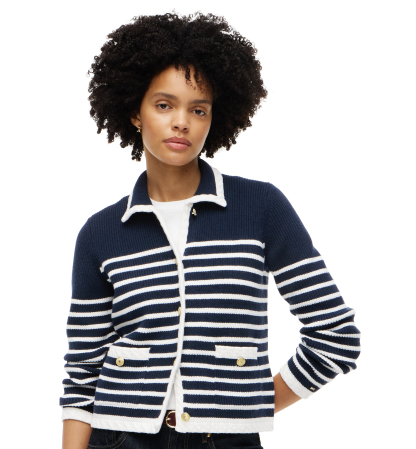 Tommy Hilfiger Women's Long-Sleeve Striped Knit Jacket - Placed Stp Dark Blue/ecru