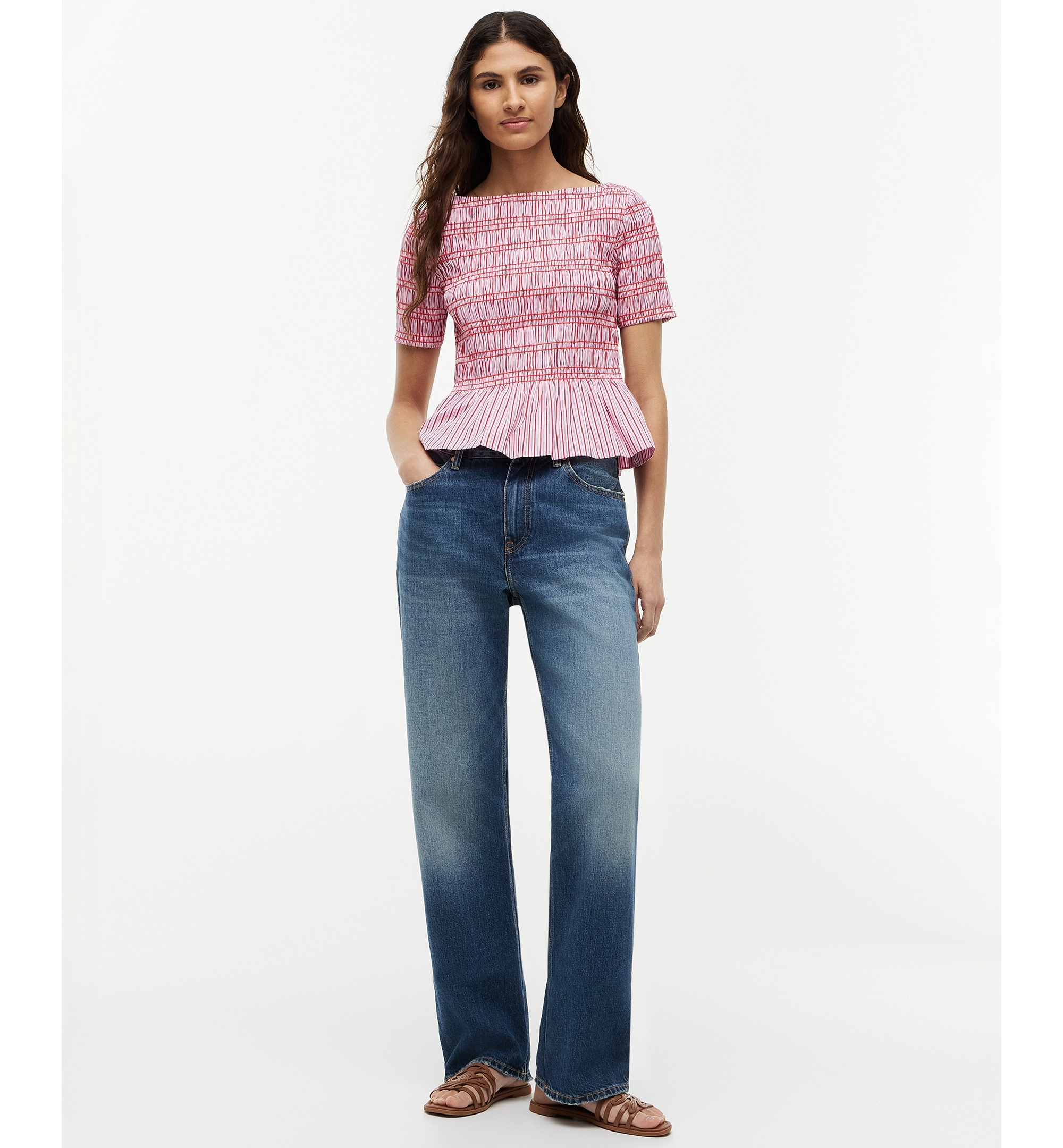 Tommy Hilfiger Women's Smocking Striped Boat Neck Cotton Top - Pink Multi Stripe