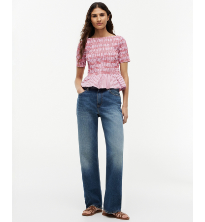 Tommy Hilfiger Women's Smocking Striped Boat Neck Cotton Top - Pink Multi Stripe