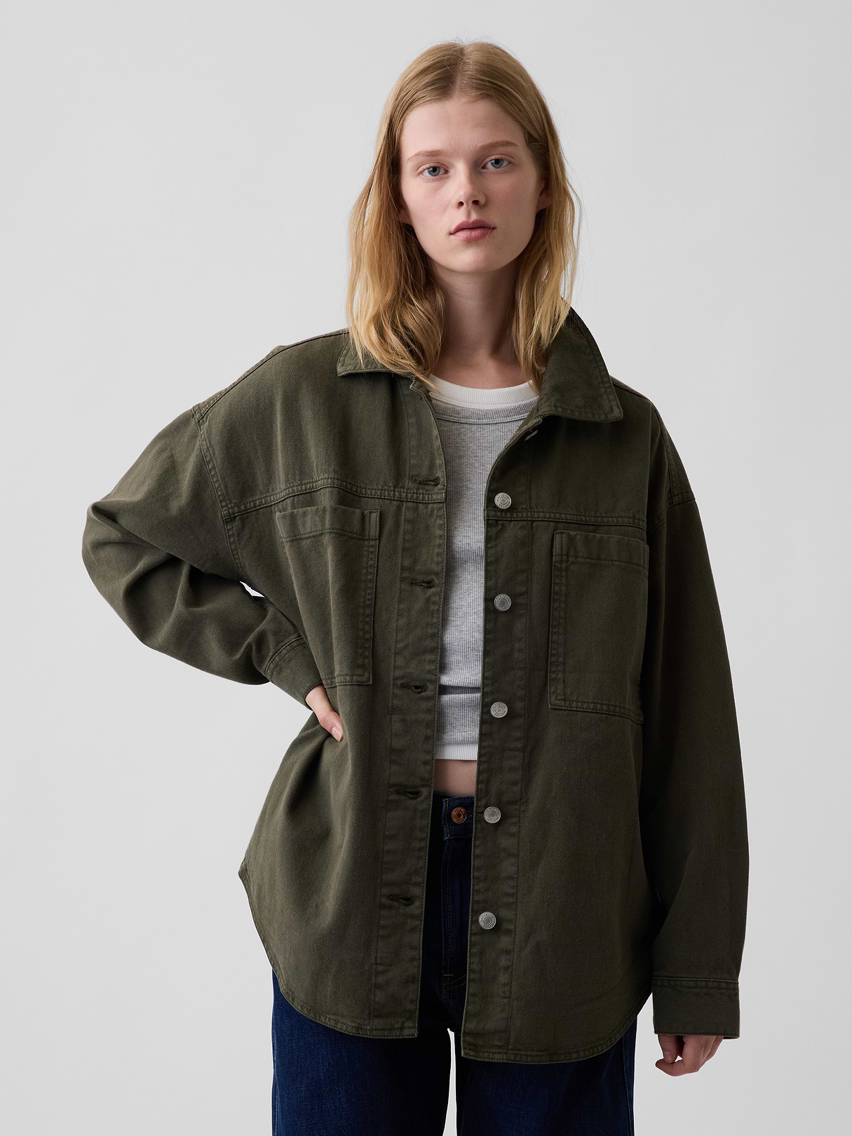 Denim Oversized Shirt Jacket - Black moss green