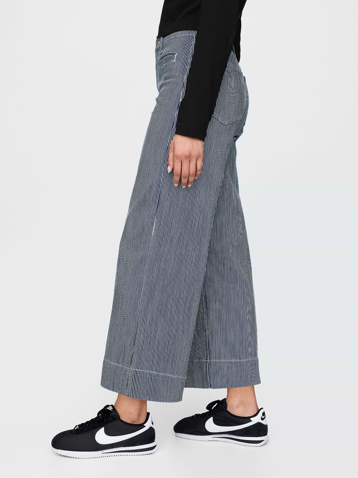 High Rise Stride Wide-Leg Ankle Jeans - Blue railroad stripe