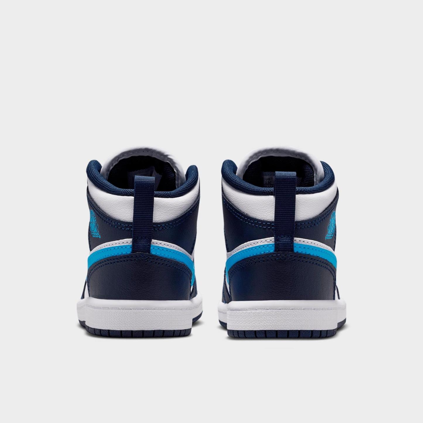 Little Kids' Air Jordan Retro 1 Mid Casual Shoes - Obsidian/White/Dark Powder Blue - view 4