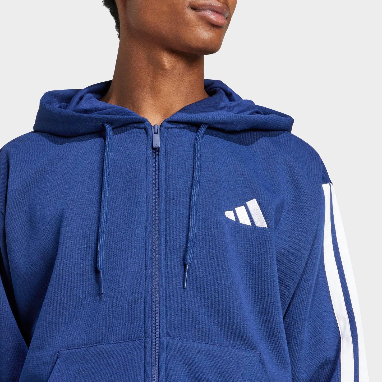 Men's adidas Essentials 3-Stripes Fleece Full-Zip Hoodie - Dark Blue/White