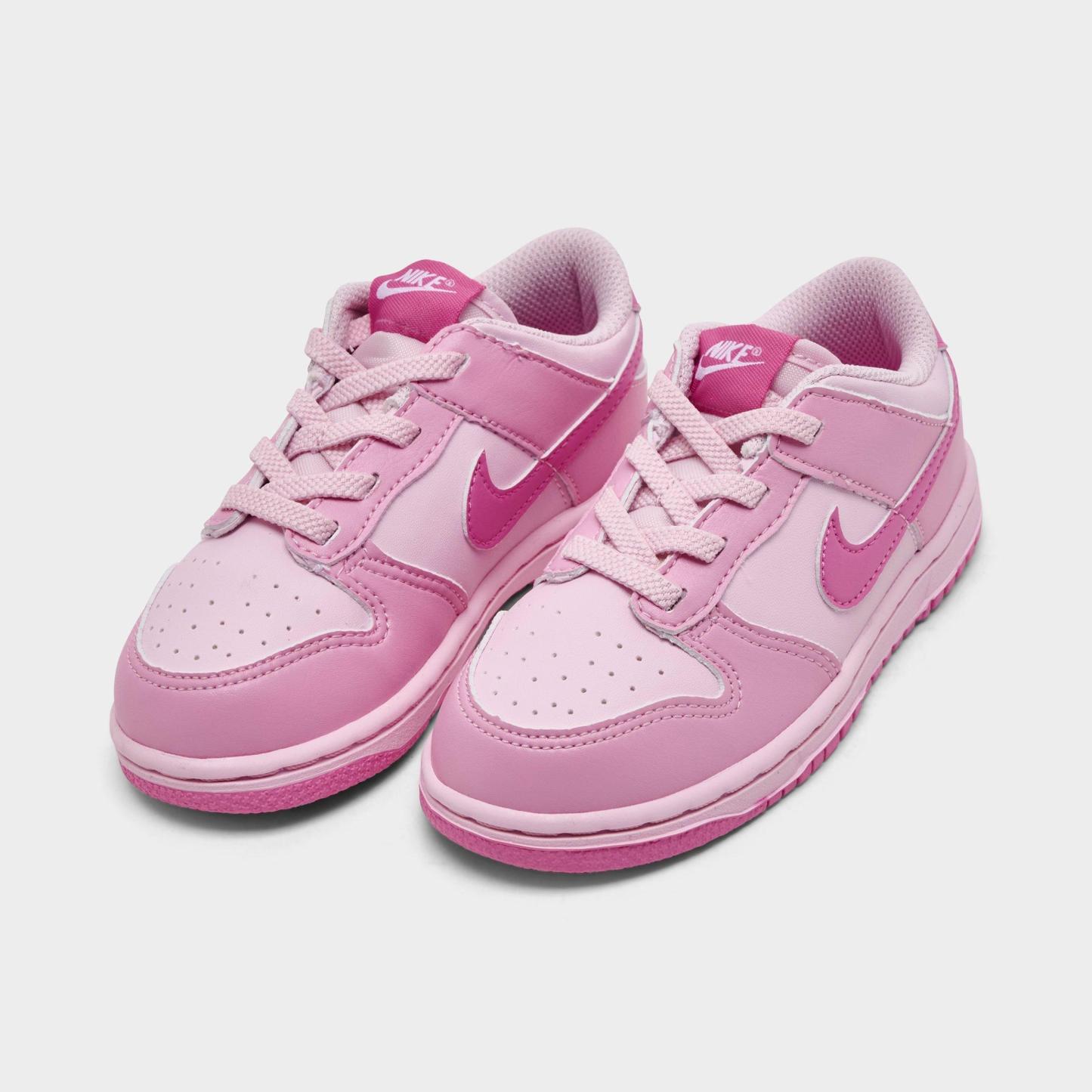 Girls' Toddler Nithtke Dunk Low Stretch Lace Casual Shoes - Pink Rise/Pink Foam/White/Playful Pink - Both shoes facing left