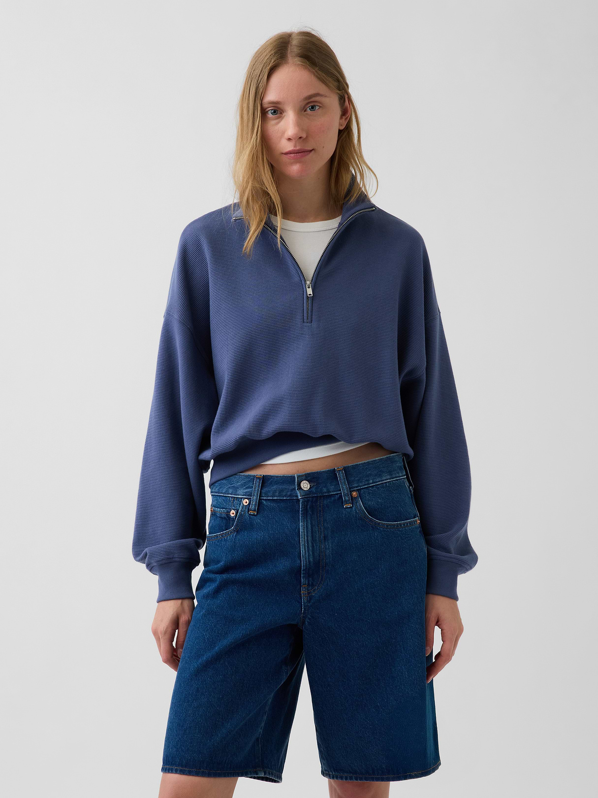 Textured Cotton Oversized Half-Zip Pullover - Blue