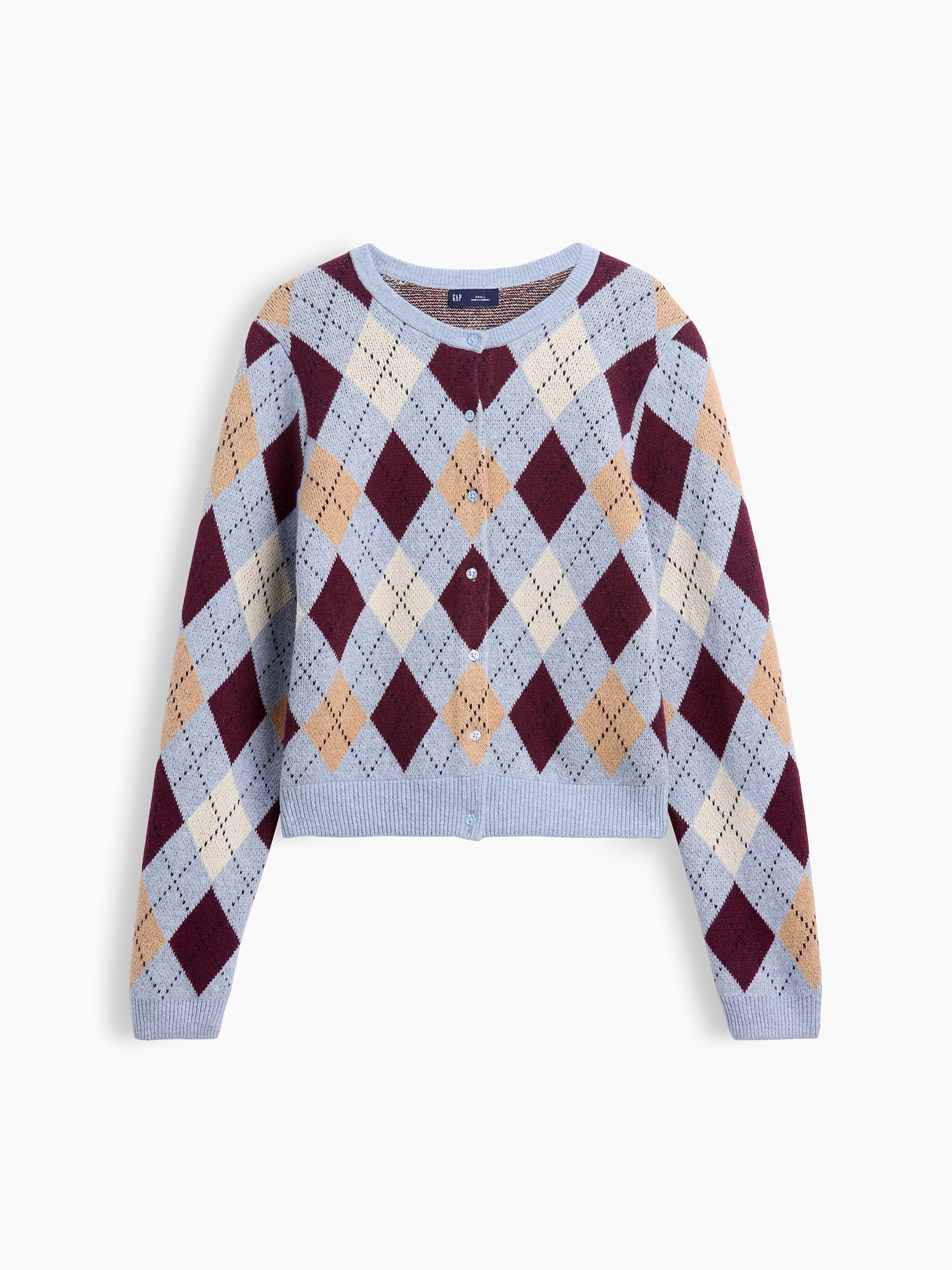 CashSoft Crop Cardigan - Blue & purple burgundy argyle
