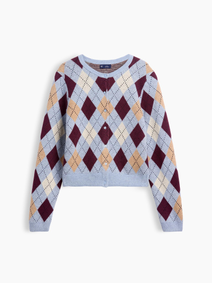 CashSoft Crop Cardigan - Blue & purple burgundy argyle