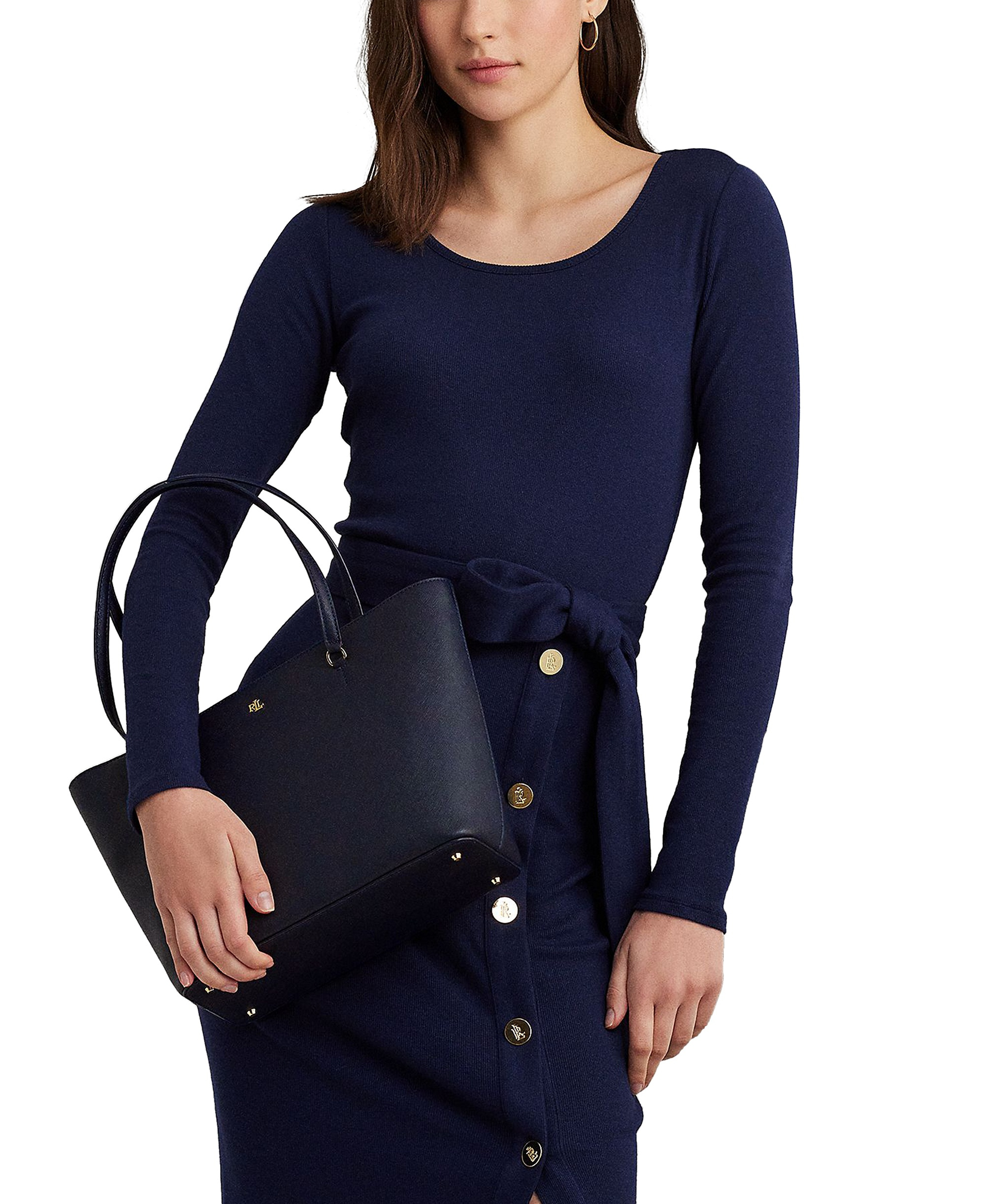 Lauren Ralph Lauren Crosshatch Leather Karly Medium Shopper Tote Handbag - Navy