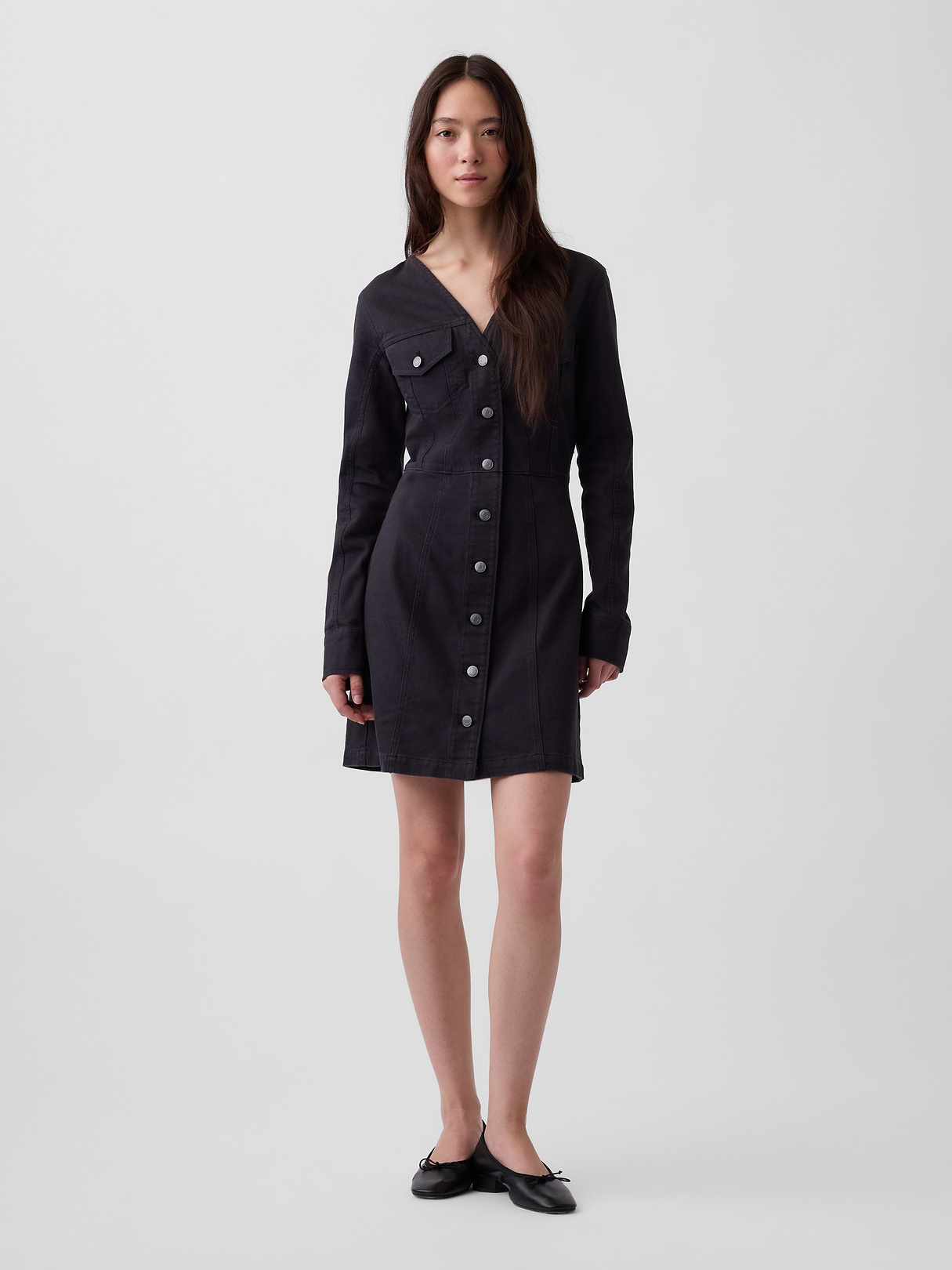 V-Neck Button-Front Mini Dress - Black
