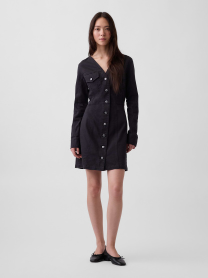 V-Neck Button-Front Mini Dress - Black