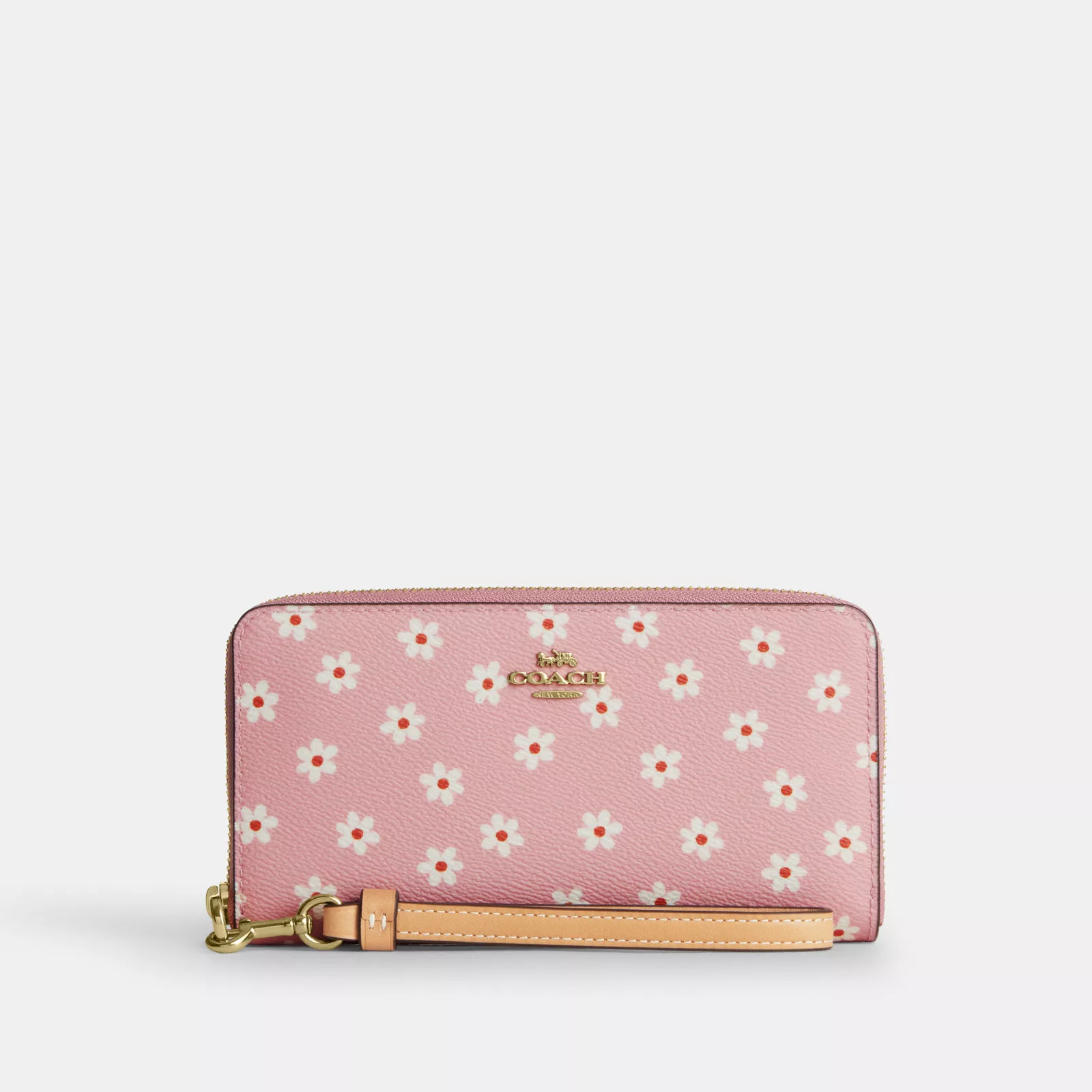 Long Zip Around Wallet With Floral Print - Gold/Pink Multi