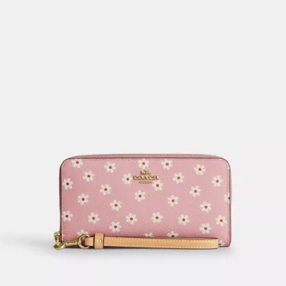 Long Zip Around Wallet With Floral Print - Gold/Pink Multi