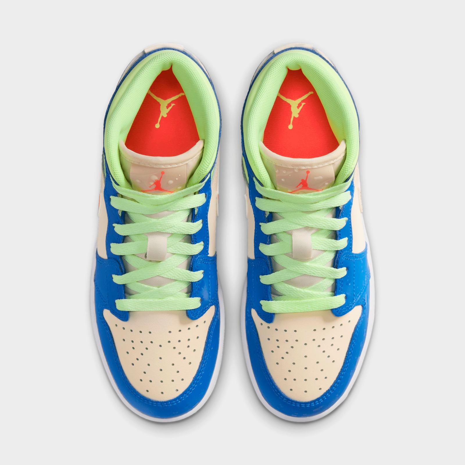 Big Kids' Air Jordan Retro 1 Mid SE Casual Shoes - Game Royal/Barely Volt/Infrared 23/Pale Ivory - Left shoe facing left. Outside of the shoe. - view 5
