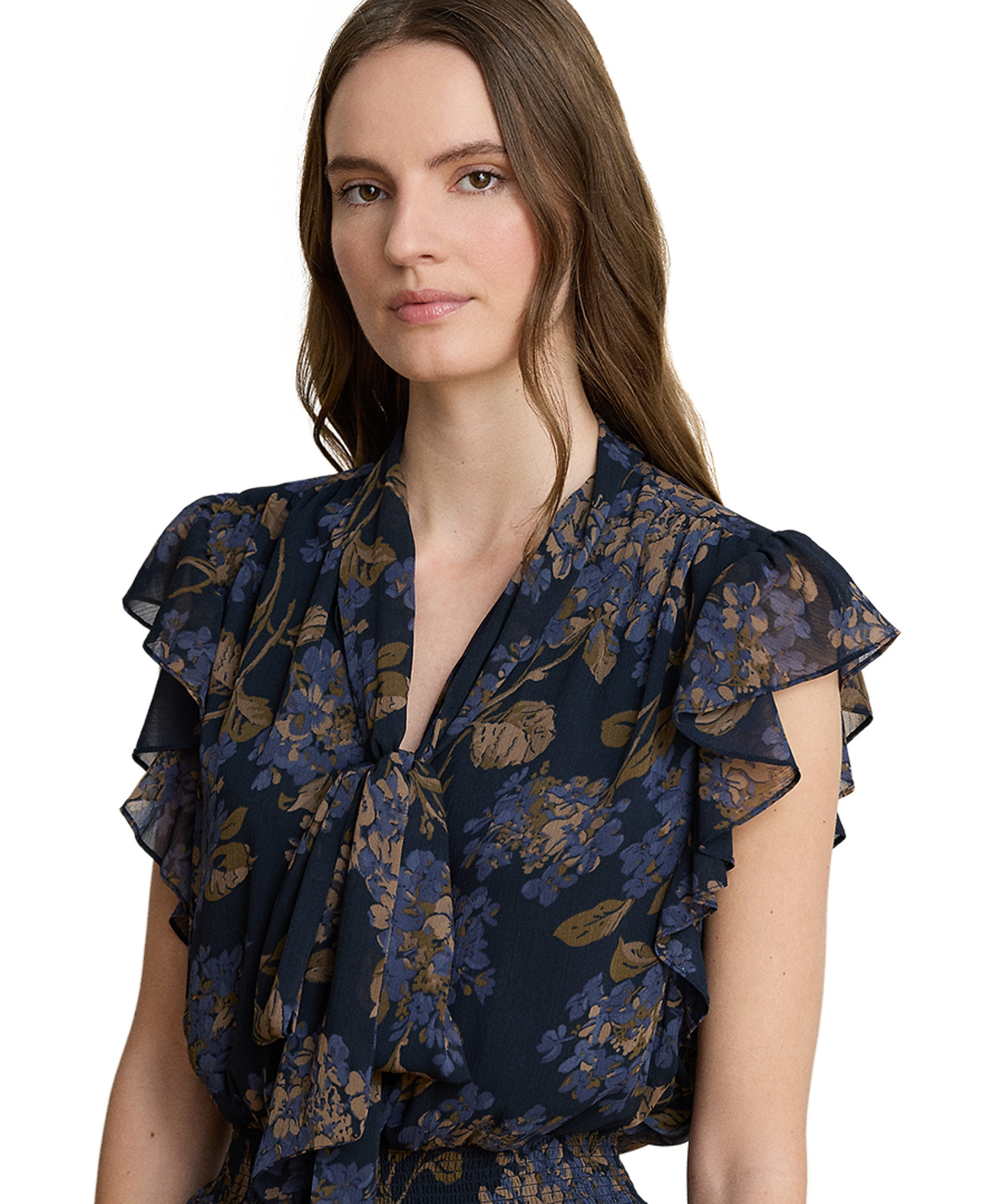 Lauren Ralph Lauren Women's Floral Crinkle Georgette Tie-Neck Midi Dress - Navy Multi