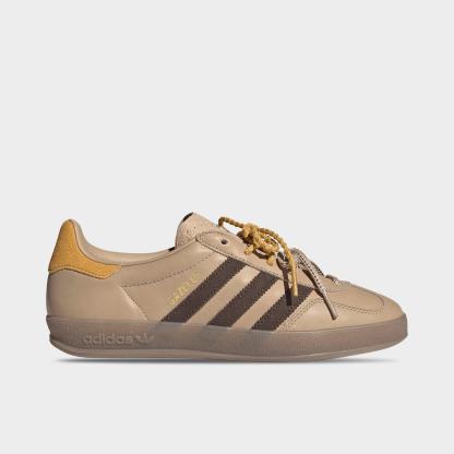 Women's adidas Originals Gazelle Indoor Casual Shoes - Magic Beige/Brown/Preloved Yellow - Left shoe facing left. Outside of the shoe.