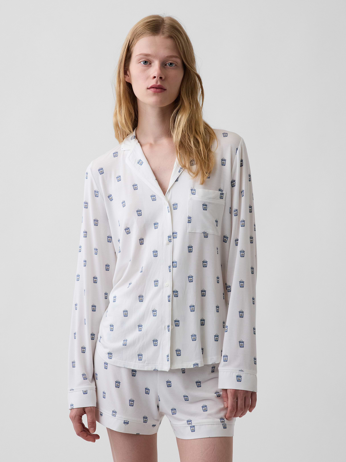 SoftMade Modal PJ Top - Off white coffee cup print
