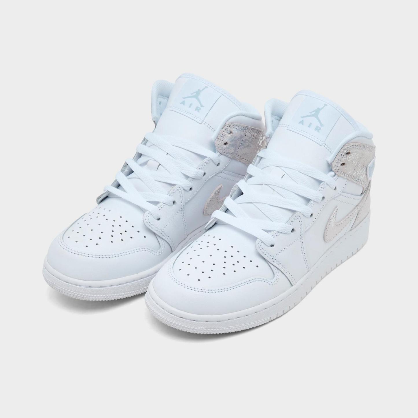 Big Kids' Air Jordan Retro 1 Mid SE Casual Shoes - White/White/White/Field Silver - view 2