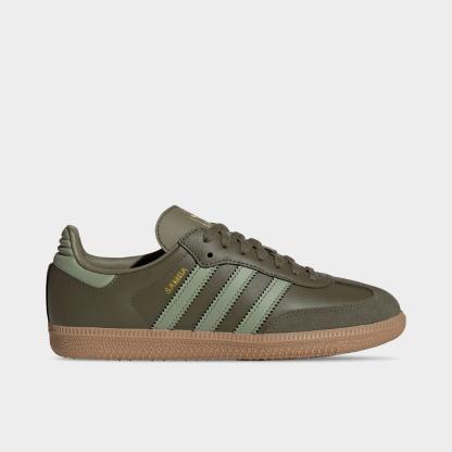 Big Kids' adidas Originals Samba OG Casual Shoes - Part 1 - Olive Strata/Tent Green/Gum - Left shoe facing left. Outside of the shoe.