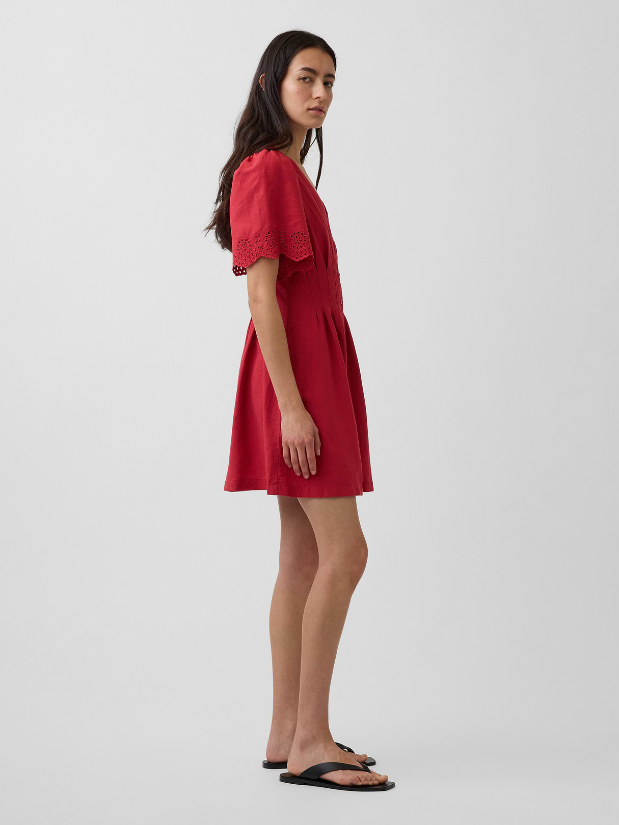 Linen-Blend Cinched Mini Shirtdress - Chakra red