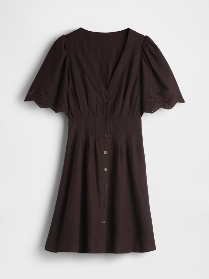 Linen-Blend Cinched Mini Shirtdress - Terra brown