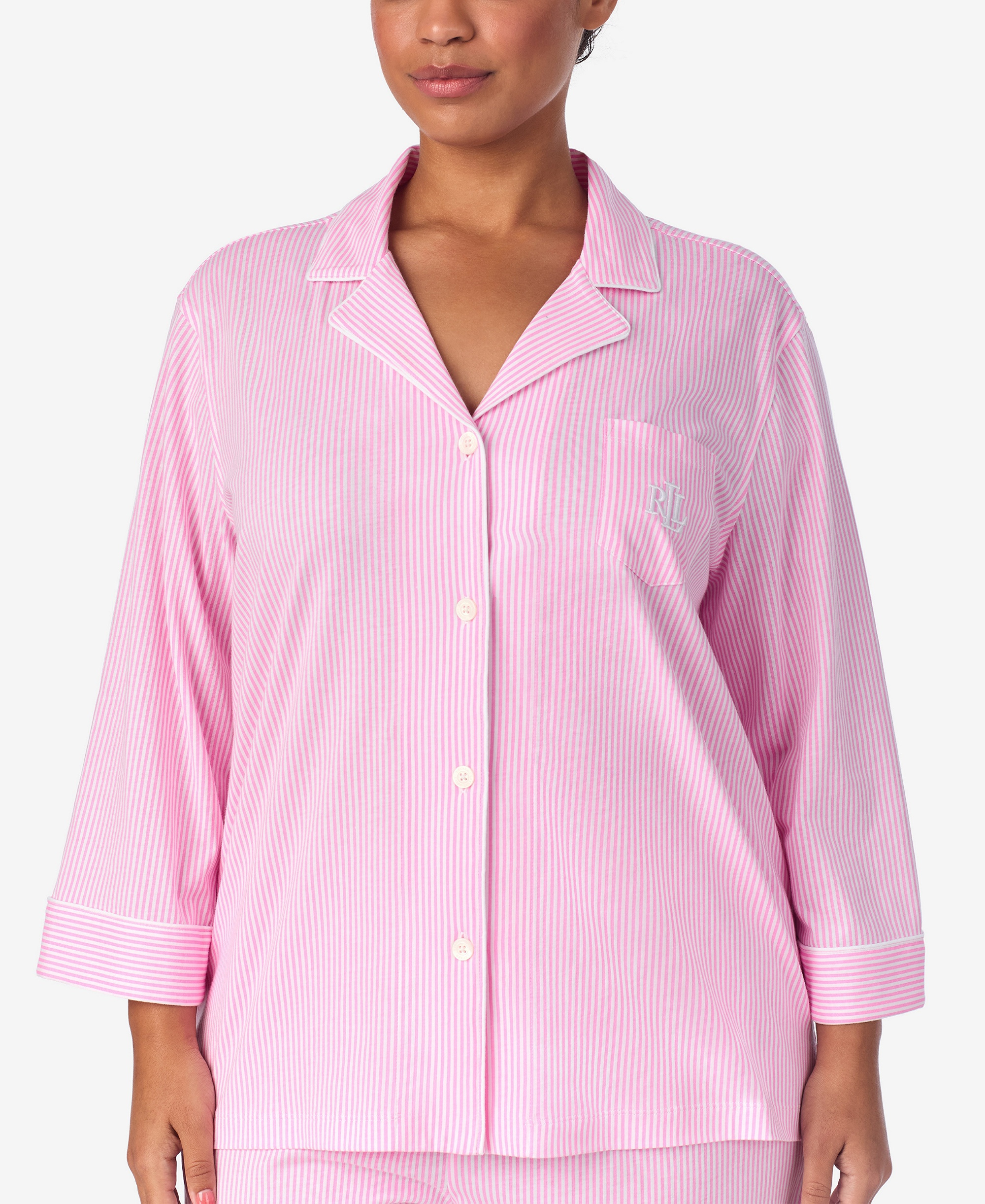 Lauren Ralph Lauren Womens 3/4 Sleeve Cotton Notch Collar Capri Pant Pajama Set - Pkwts