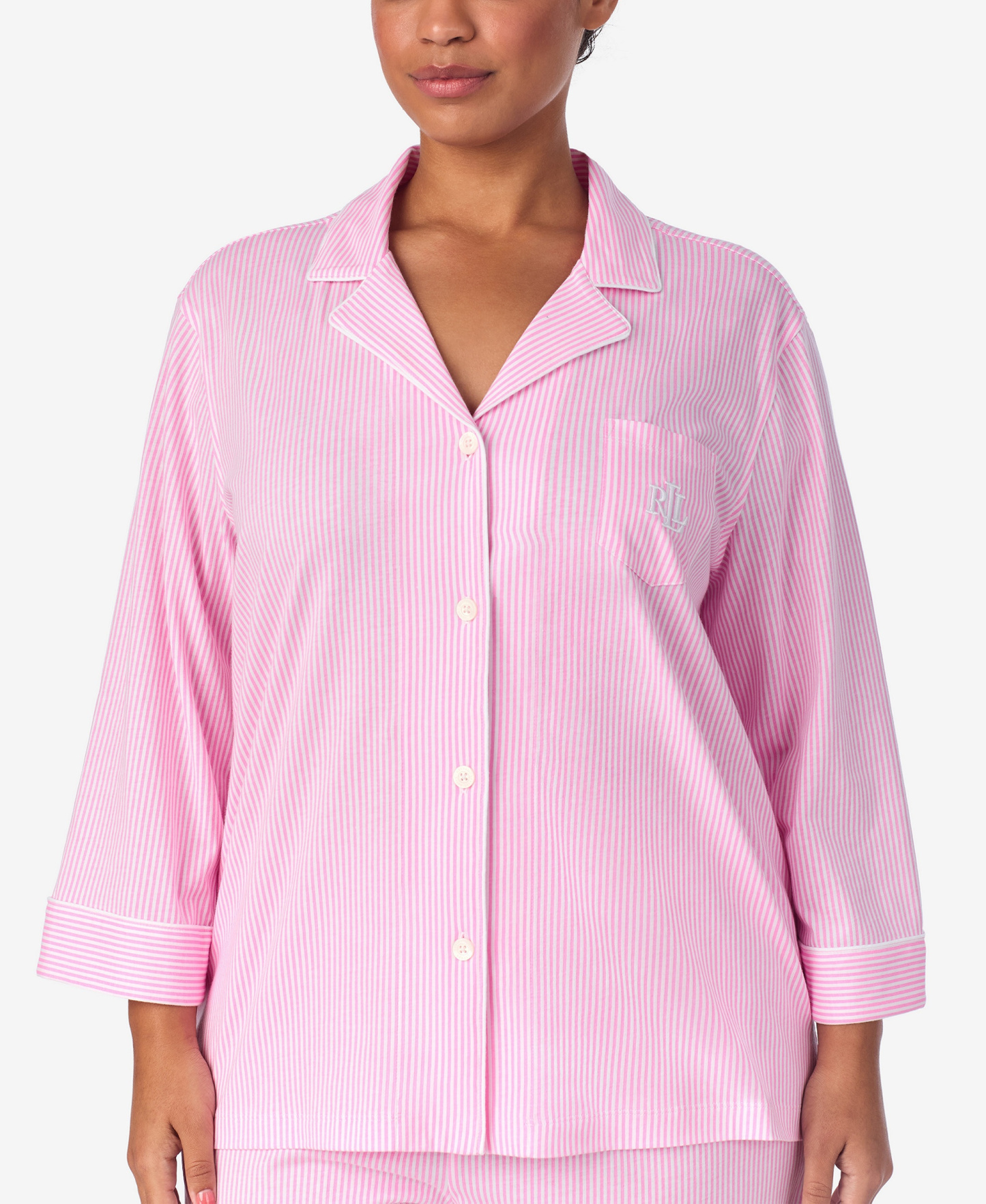 Lauren Ralph Lauren Womens 3/4 Sleeve Cotton Notch Collar Capri Pant Pajama Set - Pkwts