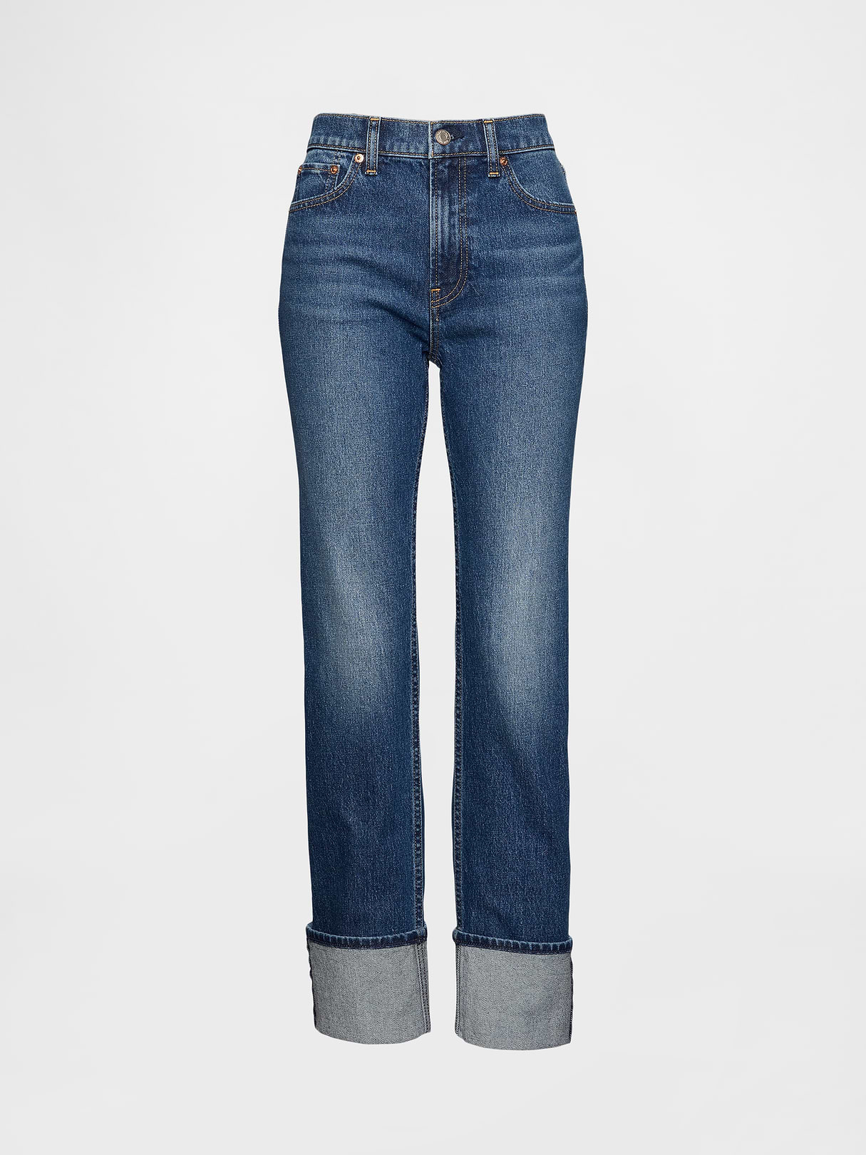 High Rise Twisted-Seam '90s Slim Straight Jeans - Cuffed dark wash