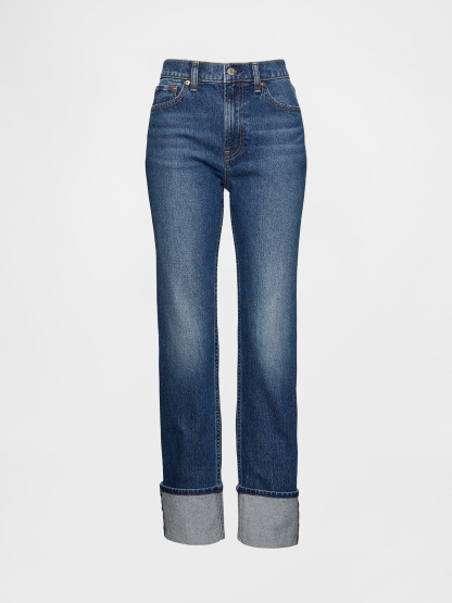 High Rise Twisted-Seam '90s Slim Straight Jeans - Cuffed dark wash