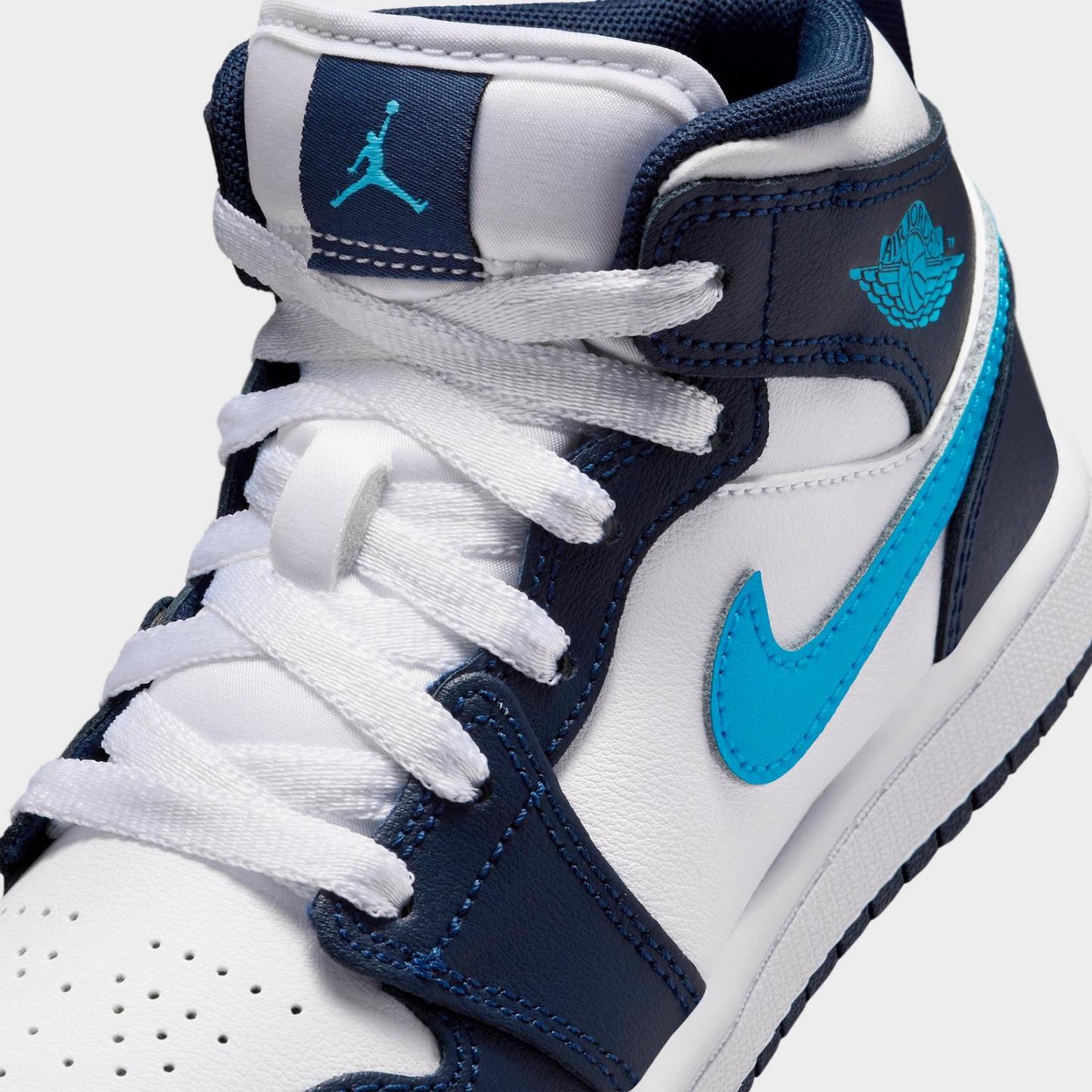 Little Kids' Air Jordan Retro 1 Mid Casual Shoes - Obsidian/White/Dark Powder Blue - view 3