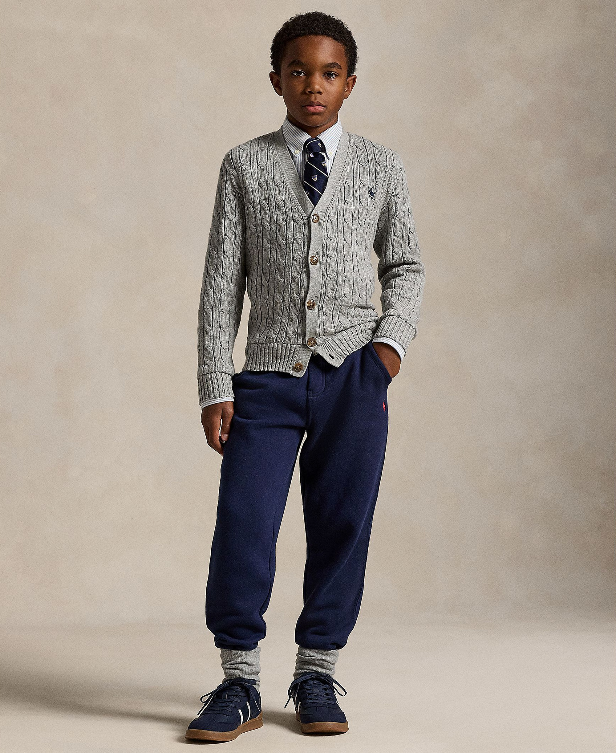 Polo Ralph Lauren Big Boys Cable-Knit Cotton V-Neck Cardigan Sweater - Andover Heather