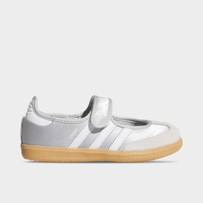 Girls' Little Kids' adidas Originals Samba Jane Casual Shoes - Silver Metallic/White/Gum - Left shoe facing left. Outside of the shoe.
