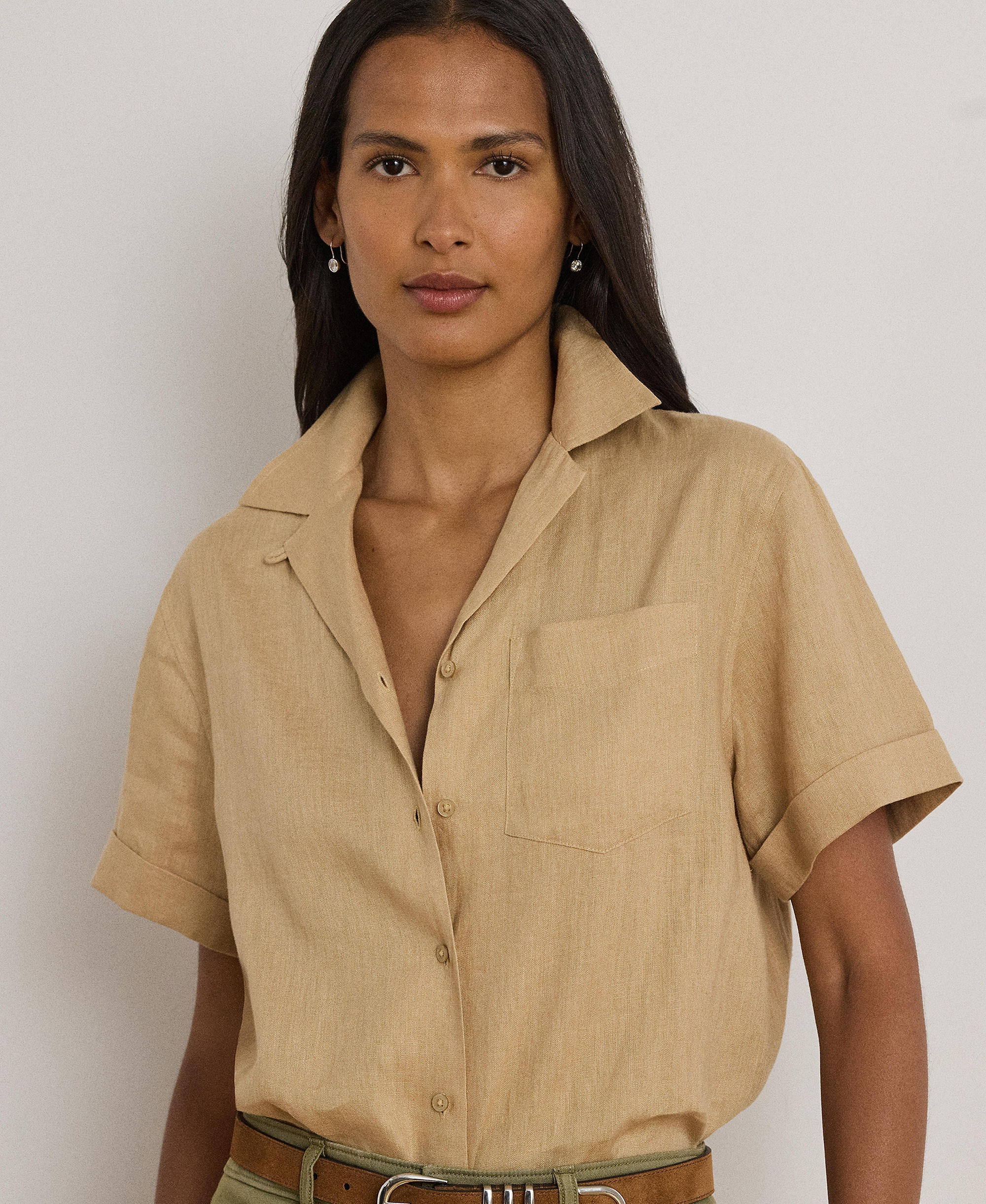 Lauren Ralph Lauren Women's Linen Short-Sleeve Camp Shirt - Birch Tan