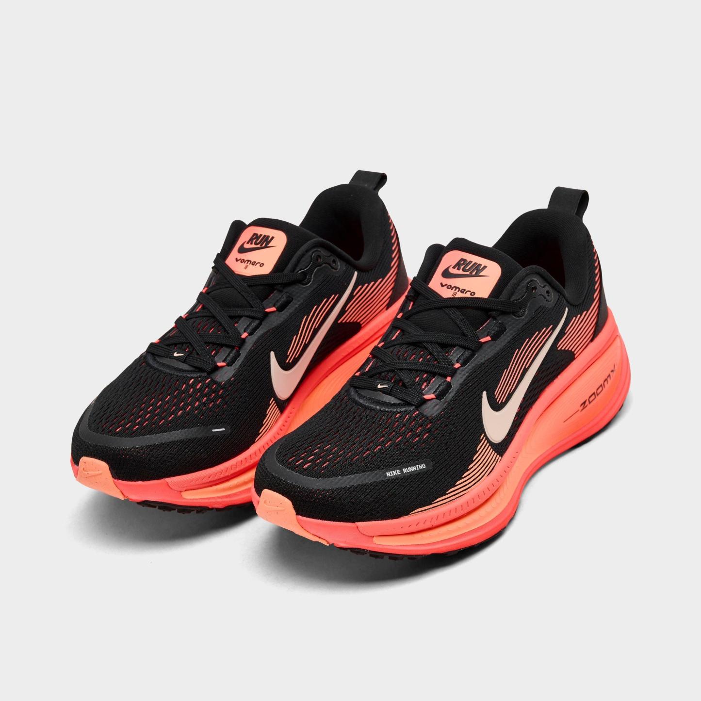 Women's Nithtke Vomero 18 Running Shoes - Part 2 - Black/Washed Coral/Hot Lava/Bright Mango - Both shoes facing left