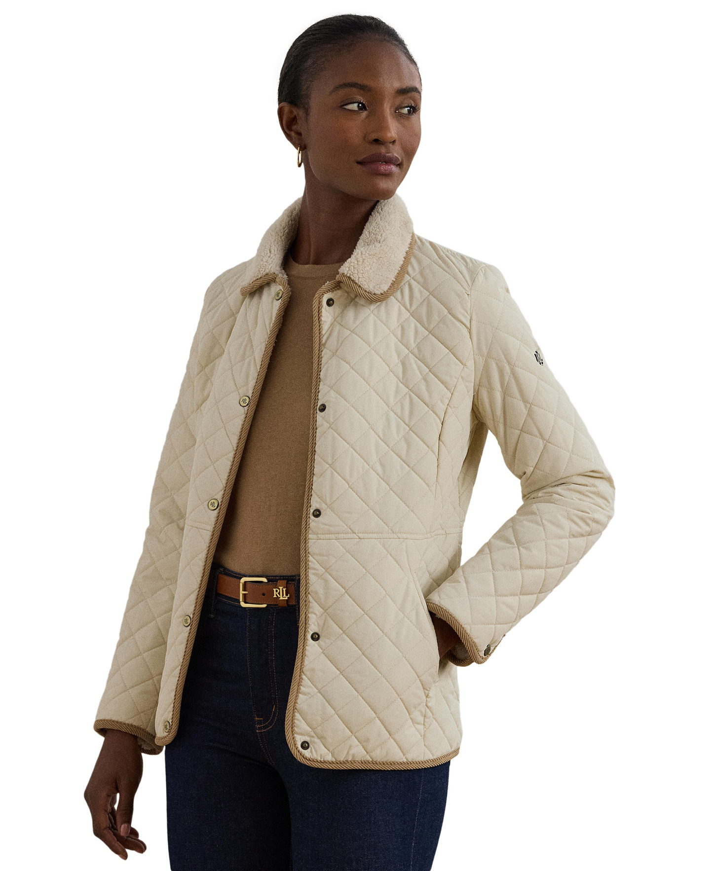 Lauren Ralph Lauren Women's Faux-Sherpa-Collar Quilted Coat, Created for Macy's - Moda Cream