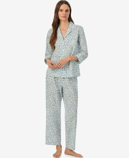 Lauren Ralph Lauren Women's Notch Collar Top and Ankle-Length Pajama Pants, 2-Piece Set - Ivory Blue Floral