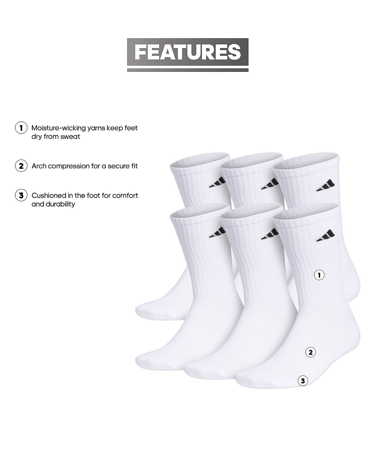 adidas Men's Cushioned Athletic 6-Pack Crew Socks - White
