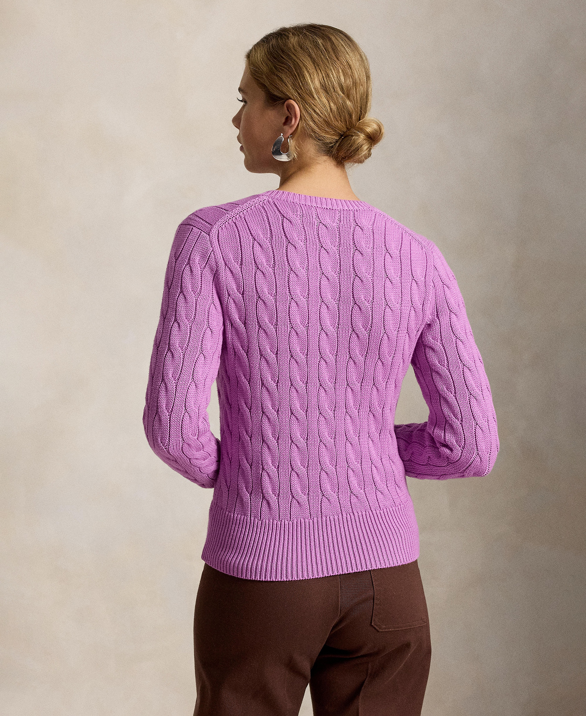 Polo Ralph Lauren Women's Cable-Knit Cotton Crewneck Cardigan Sweater - Thistle Pink