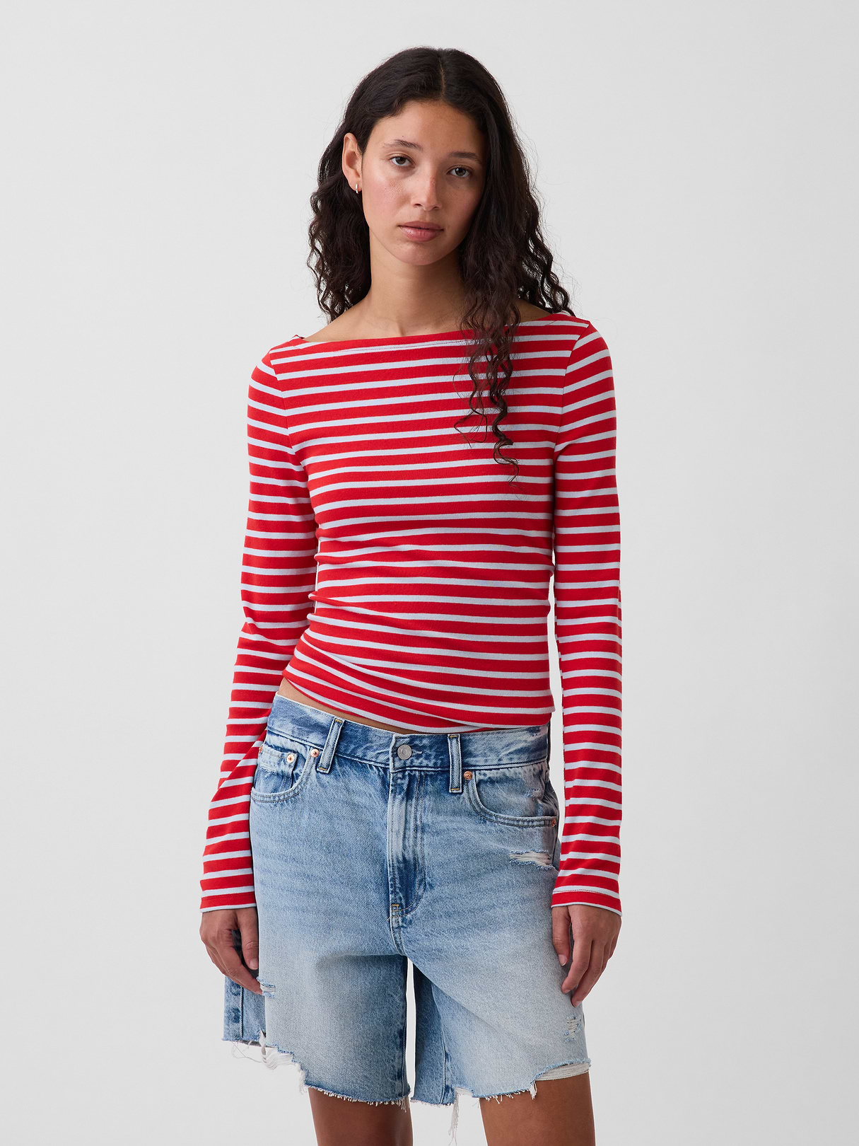 Modern Boatneck T-Shirt - Red & light blue stripe