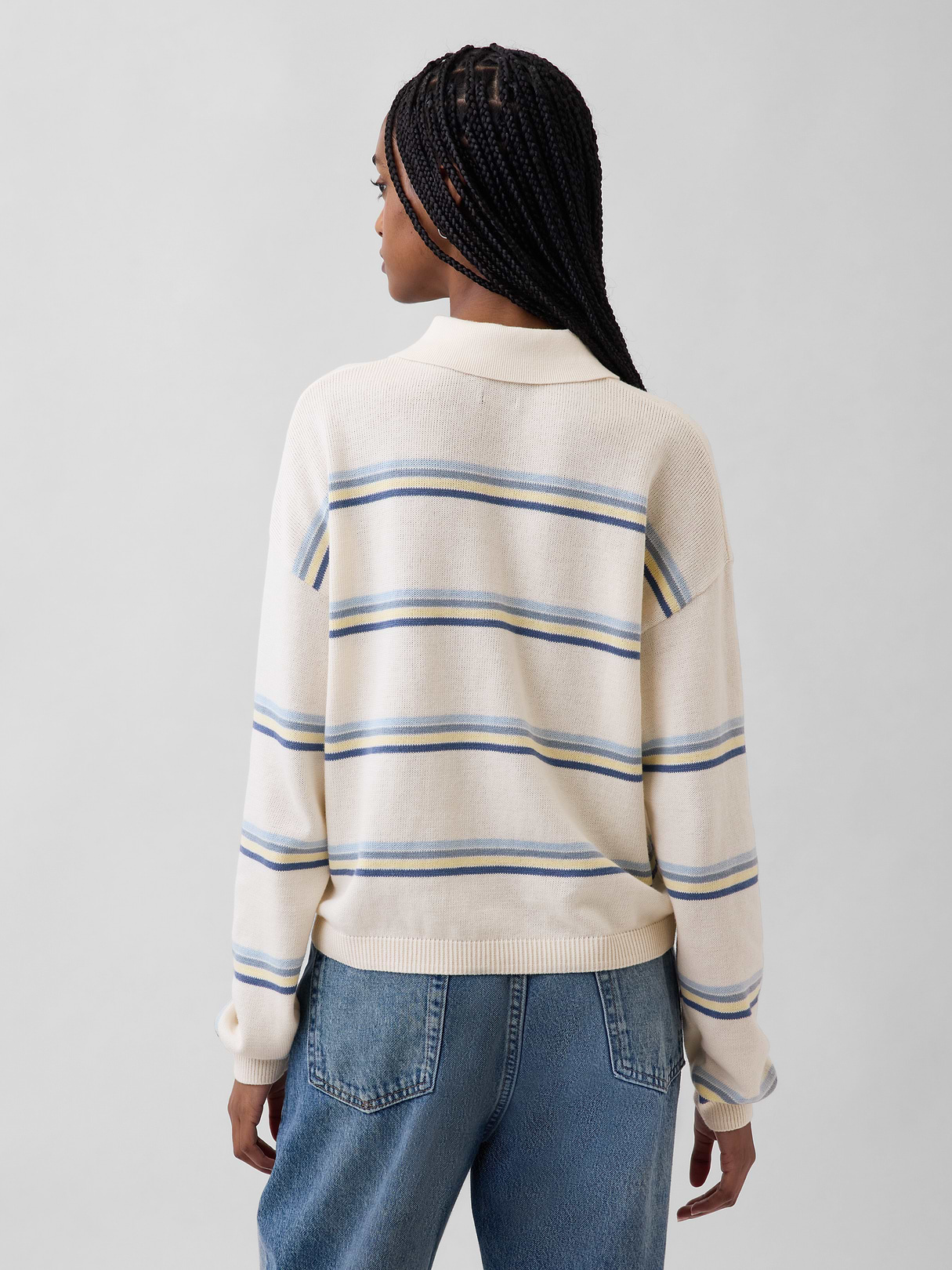 100% Cotton Relaxed Polo Sweater - Ivory beige & blue stripe