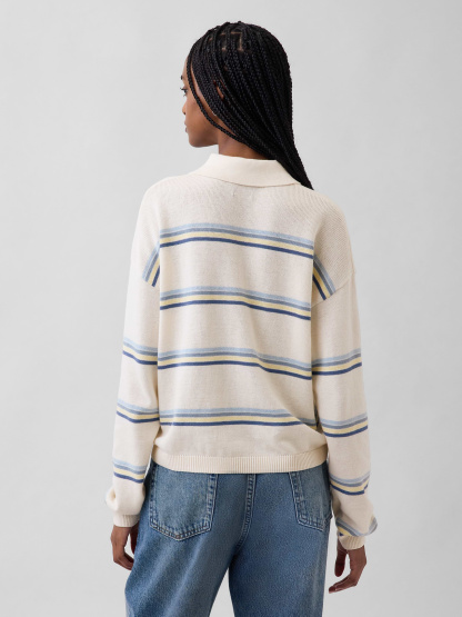 100% Cotton Relaxed Polo Sweater - Ivory beige & blue stripe