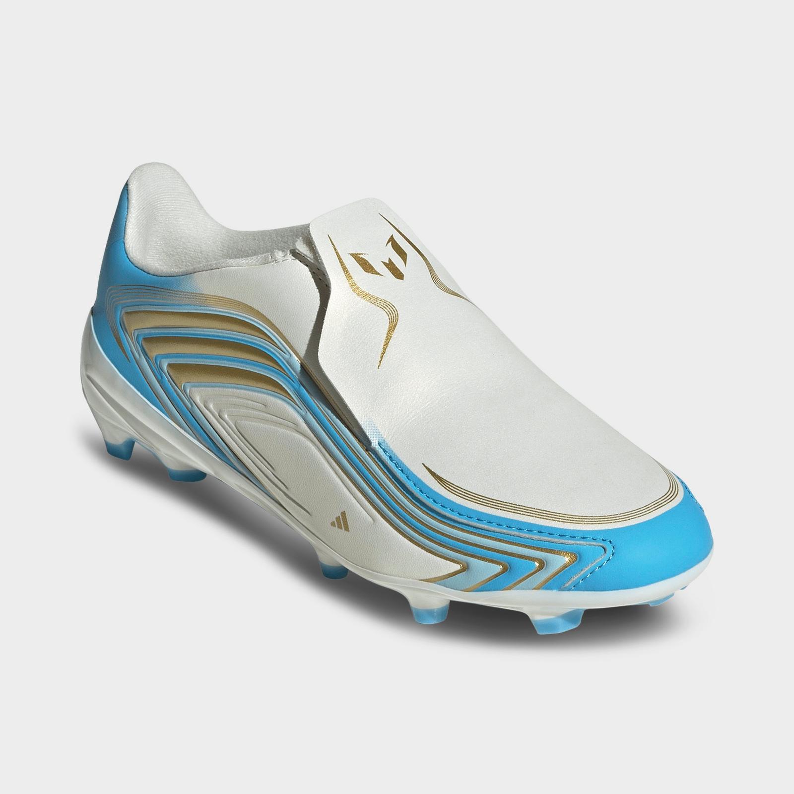 Little Kids' and Big Kids' adidas F50 Messi League Laceless Firm Ground Soccer Cleats - Ivory/Semi Blue Burst/Icey Blue - view 2