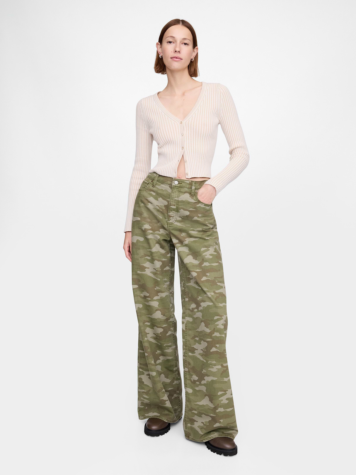 Mid Rise Denim Stripe Baggy Jeans - Green camo