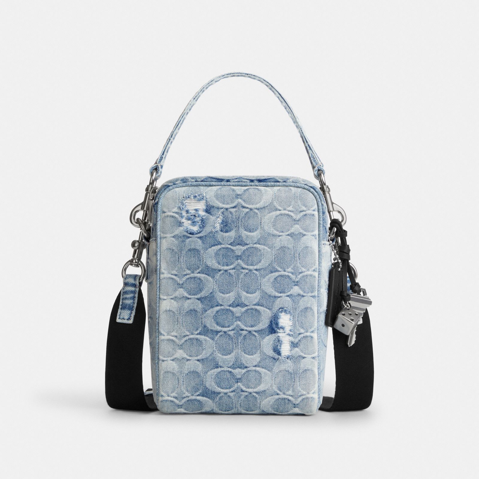 Tristan Crossbody Bag 14 In Loved Signature Denim With Charms - Silver/Light Indigo
