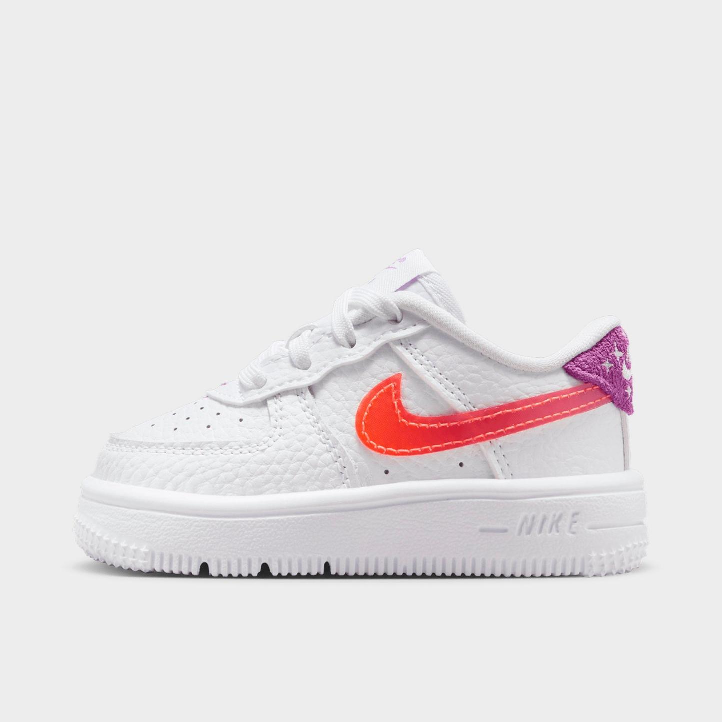 Infant and Kids' Toddler Nithtke Force 1 Low Casual Shoes - Part 1 - White/Turf Orange/Bright Violet - Left shoe facing left. Outside of the shoe.