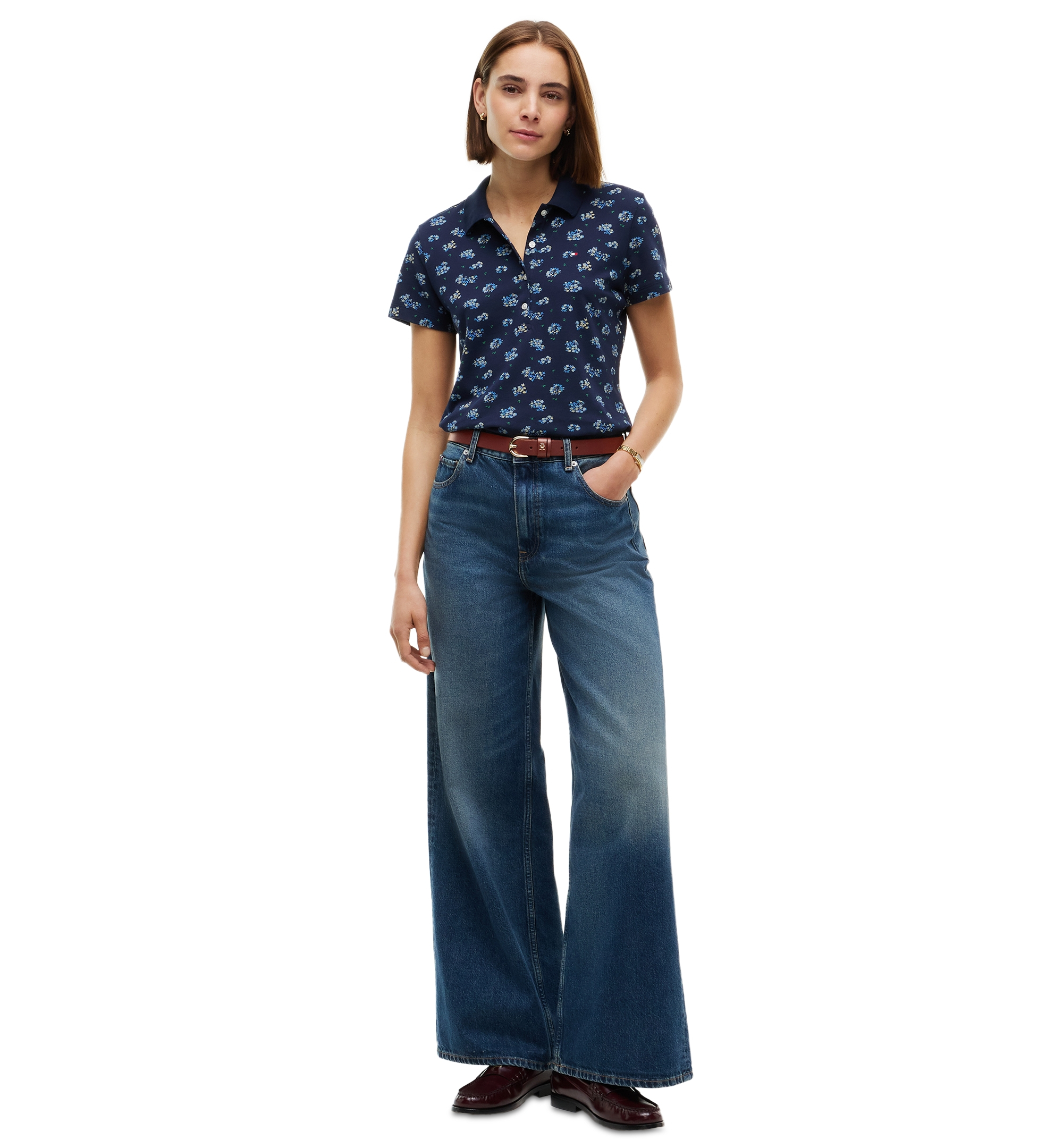 Tommy Hilfiger Women's Printed Short-Sleeve Polo Top - Traditional Floral Dark Blue