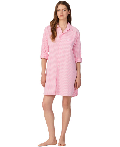 Lauren Ralph Lauren Women's Long-Sleeve Roll-Tab His Shirt Sleepshirt - Pink Stripe