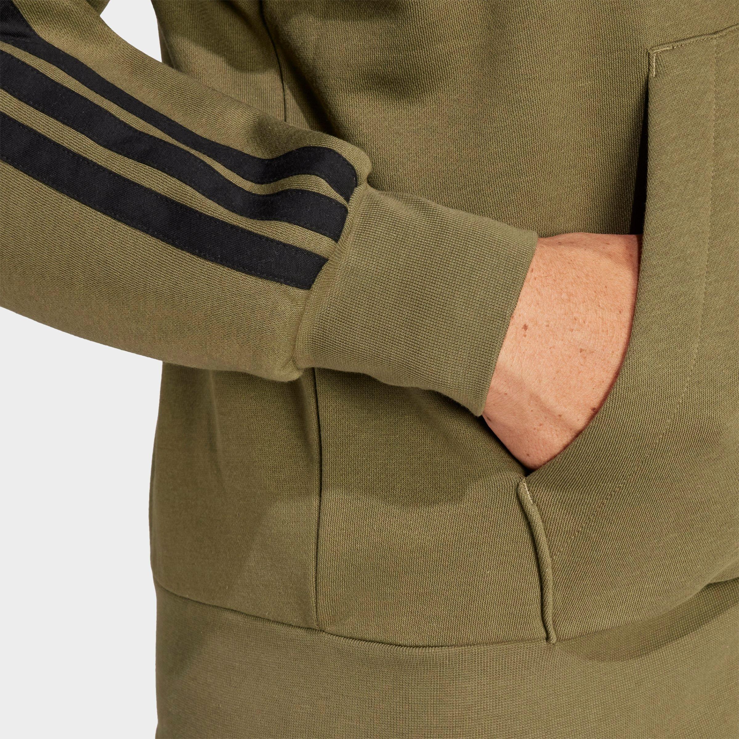 Men's adidas Essentials 3-Stripes Fleece Full-Zip Hoodie - Olive Strata/Black