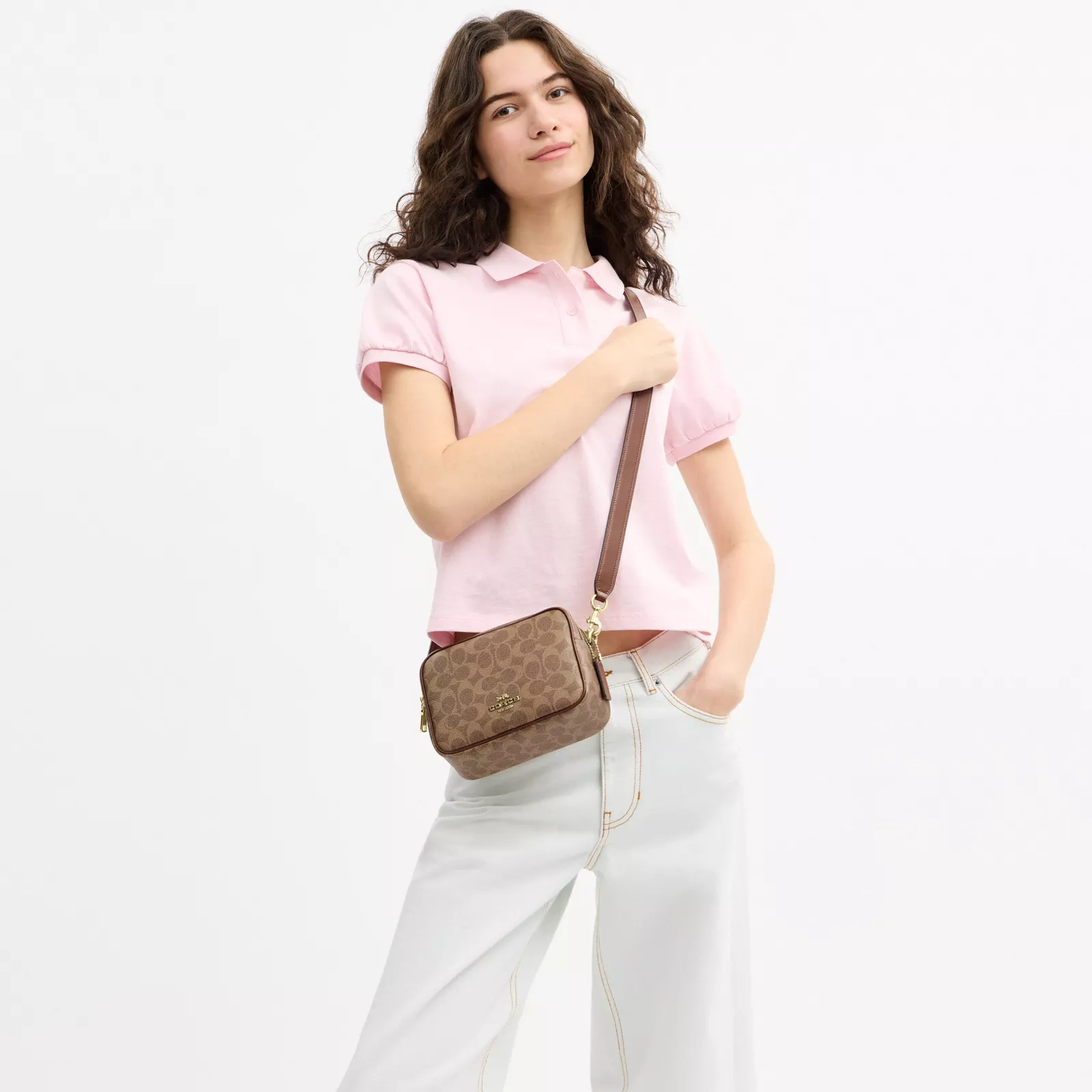 Mini Carey Crossbody Bag In Signature Canvas - Gold/Tan/Brown - view 3